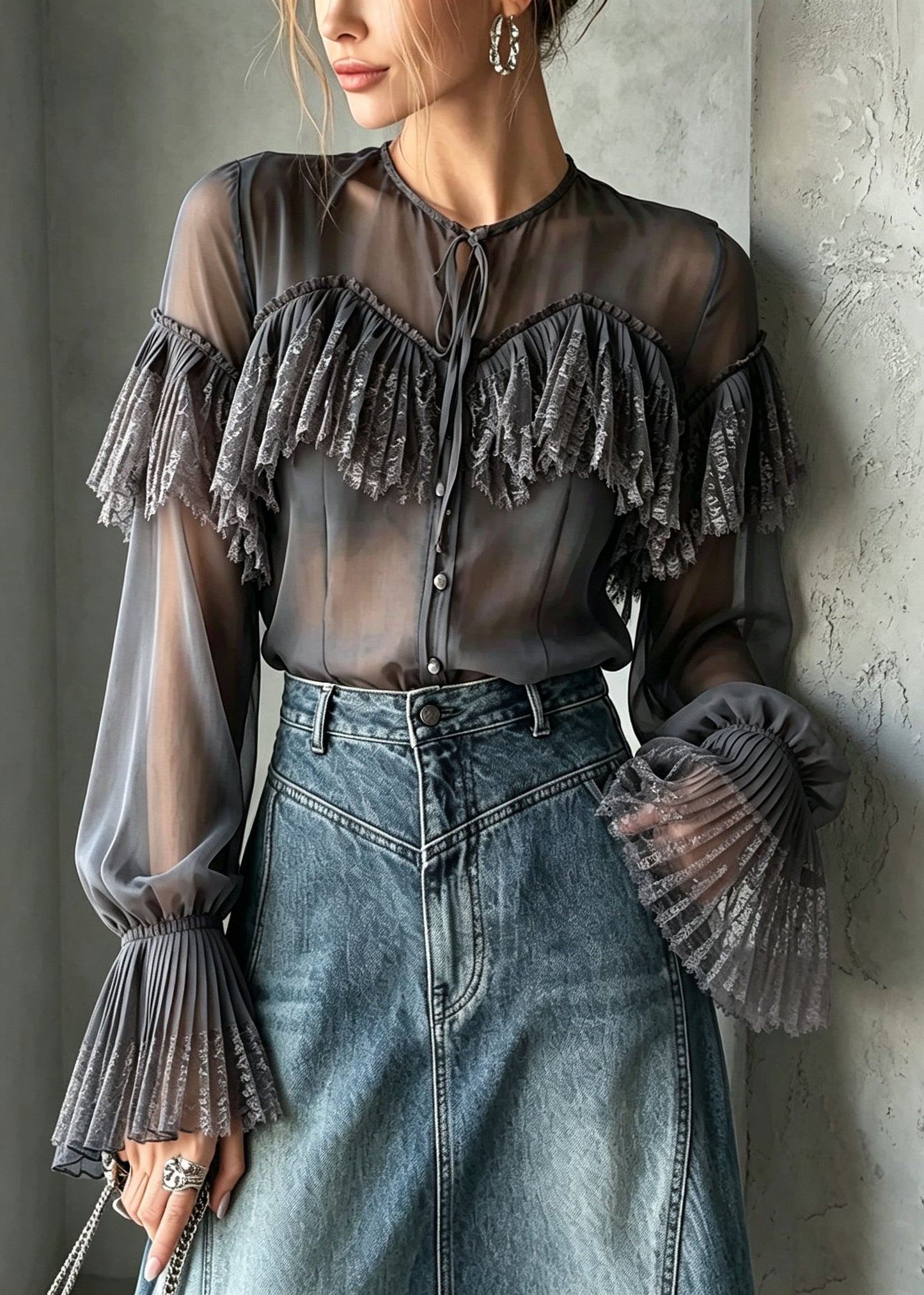 Stylish Grey O Neck Lace Patchwork Chiffon Shirt Top Flare Sleeve