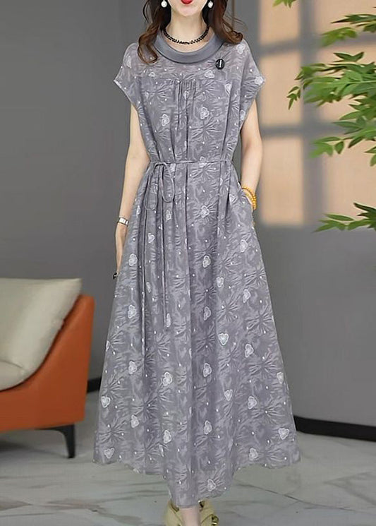Stylish Grey Oversized Print Chiffon Maxi Dresses Summer
