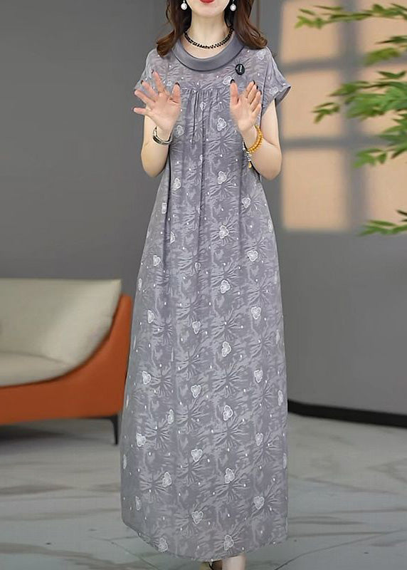 Stylish Grey Oversized Print Chiffon Maxi Dresses Summer