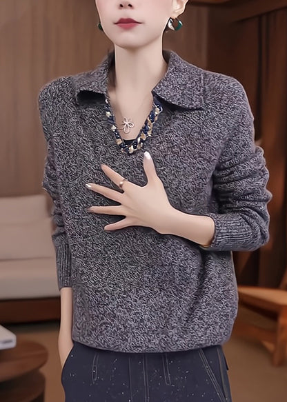 Stylish Grey Peter Pan Collar Patchwork Thick Cotton Knit Sweaters Spring