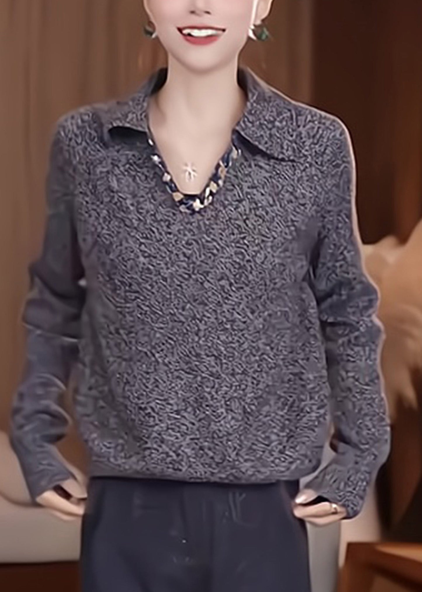 Stylish Grey Peter Pan Collar Patchwork Thick Cotton Knit Sweaters Spring