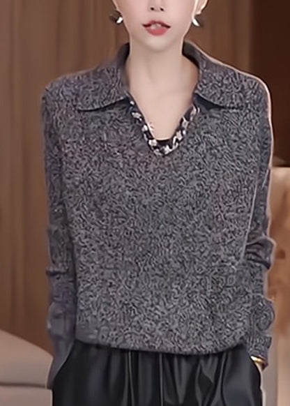 Stylish Grey Peter Pan Collar Patchwork Thick Cotton Knit Sweaters Spring