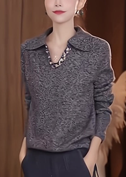 Stylish Grey Peter Pan Collar Patchwork Thick Cotton Knit Sweaters Spring