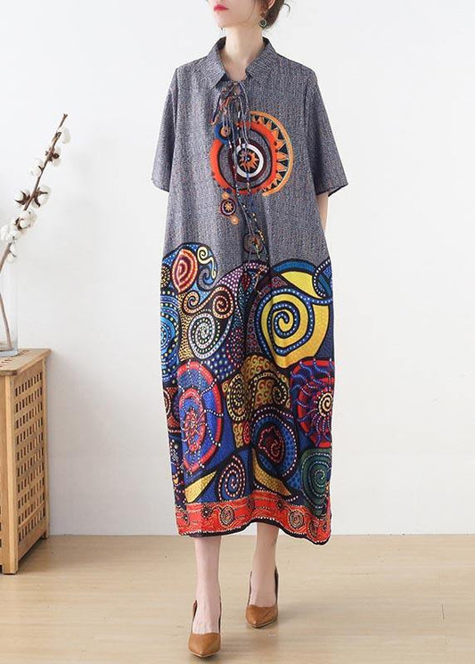 Stylish Grey Print tie Loose Vacation Summer Chiffon Dress - SooLinen
