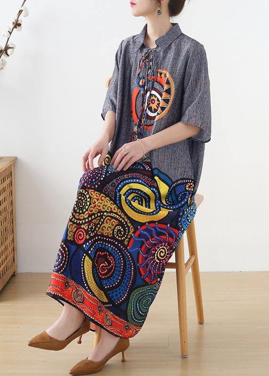 Stylish Grey Print tie Loose Vacation Summer Chiffon Dress - SooLinen