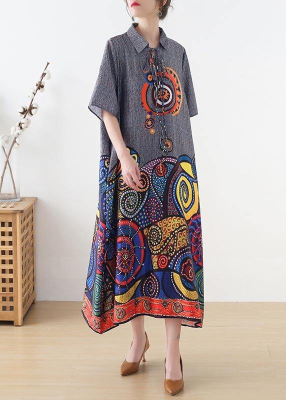 Stylish Grey Print tie Loose Vacation Summer Chiffon Dress - SooLinen