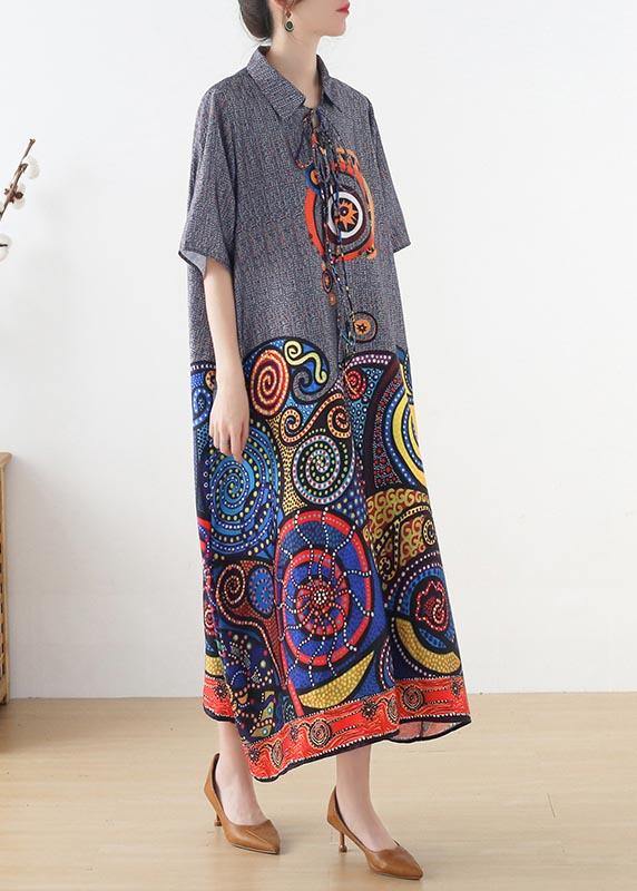 Stylish Grey Print tie Loose Vacation Summer Chiffon Dress - SooLinen