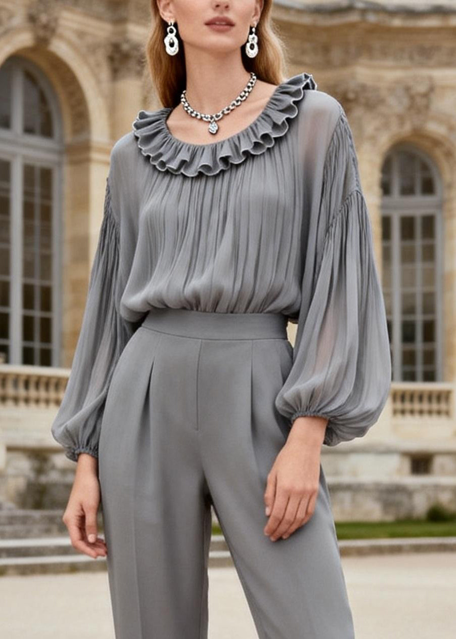 Stylish Grey Ruffled Chiffon Tops And Spandex Crop Pants Two Piece Set Spring
