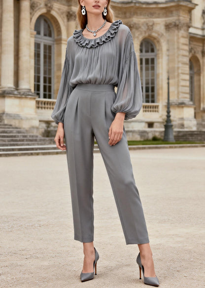 Stylish Grey Ruffled Chiffon Tops And Spandex Crop Pants Two Piece Set Spring