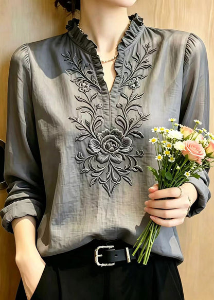 Stylish Grey Ruffled Embroidered Cotton Shirt Top Summer