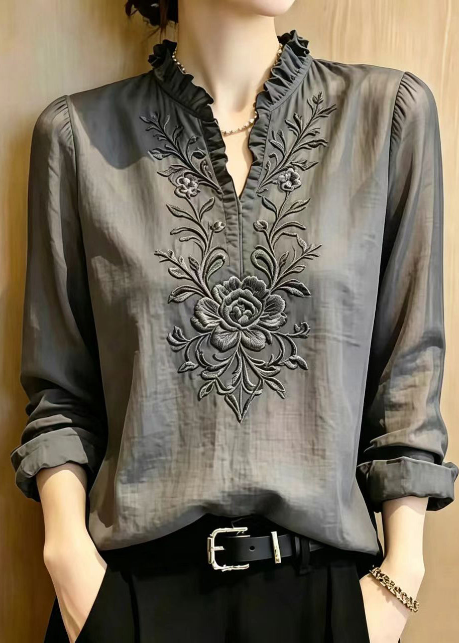 Stylish Grey Ruffled Embroidered Cotton Shirt Top Summer