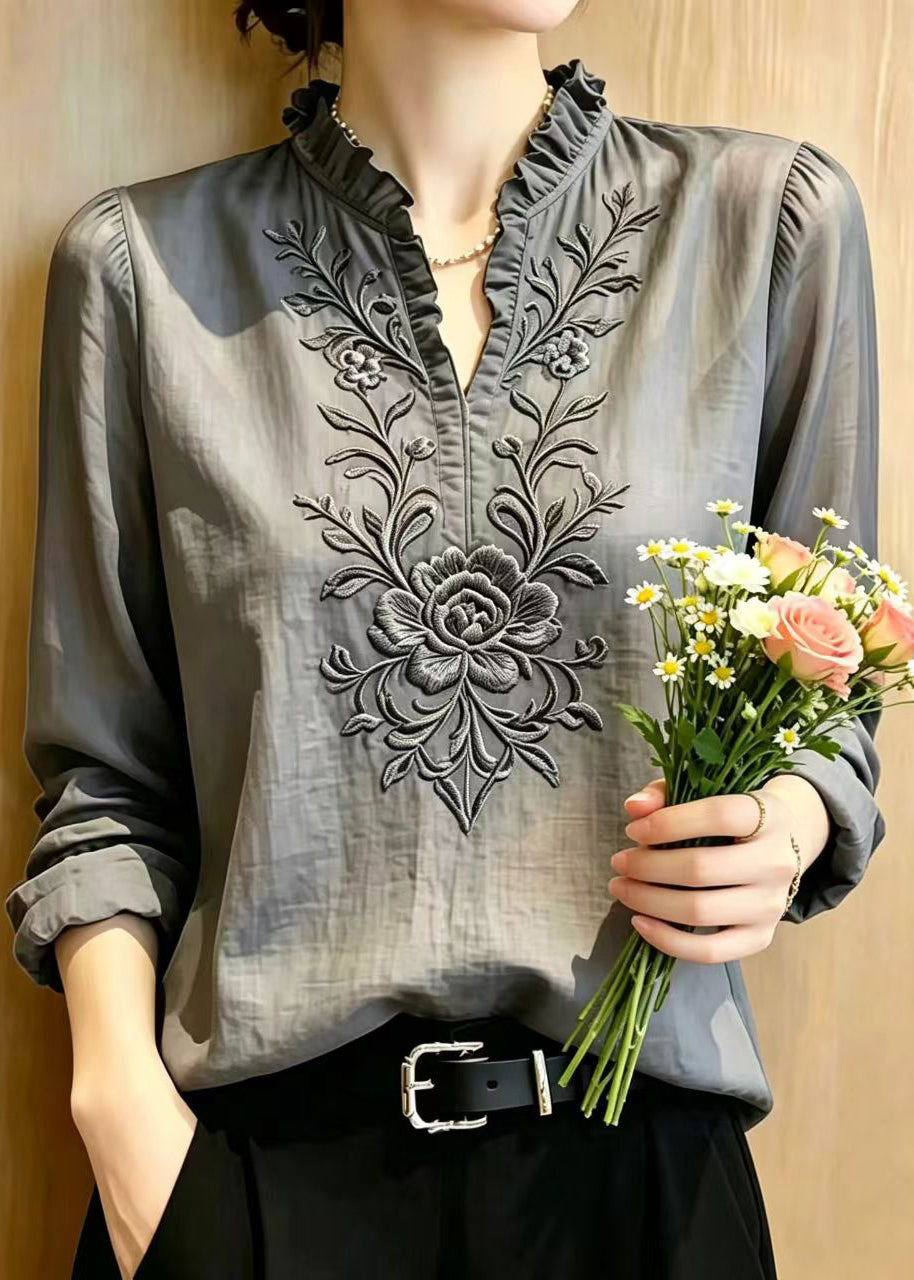 Stylish Grey Ruffled Embroidered Cotton Shirt Top Summer