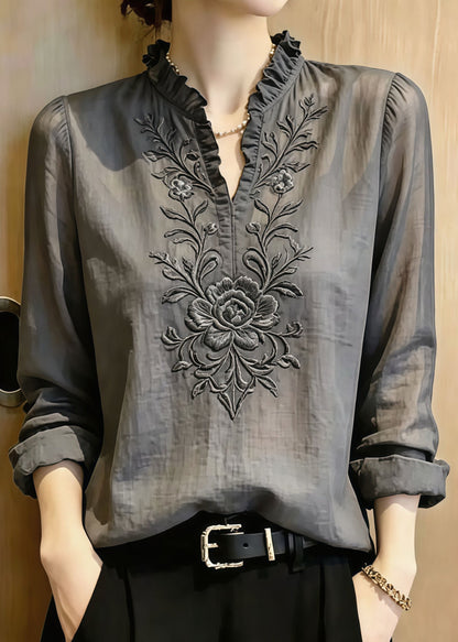 Stylish Grey Ruffled Embroidered Cotton Shirt Top Summer
