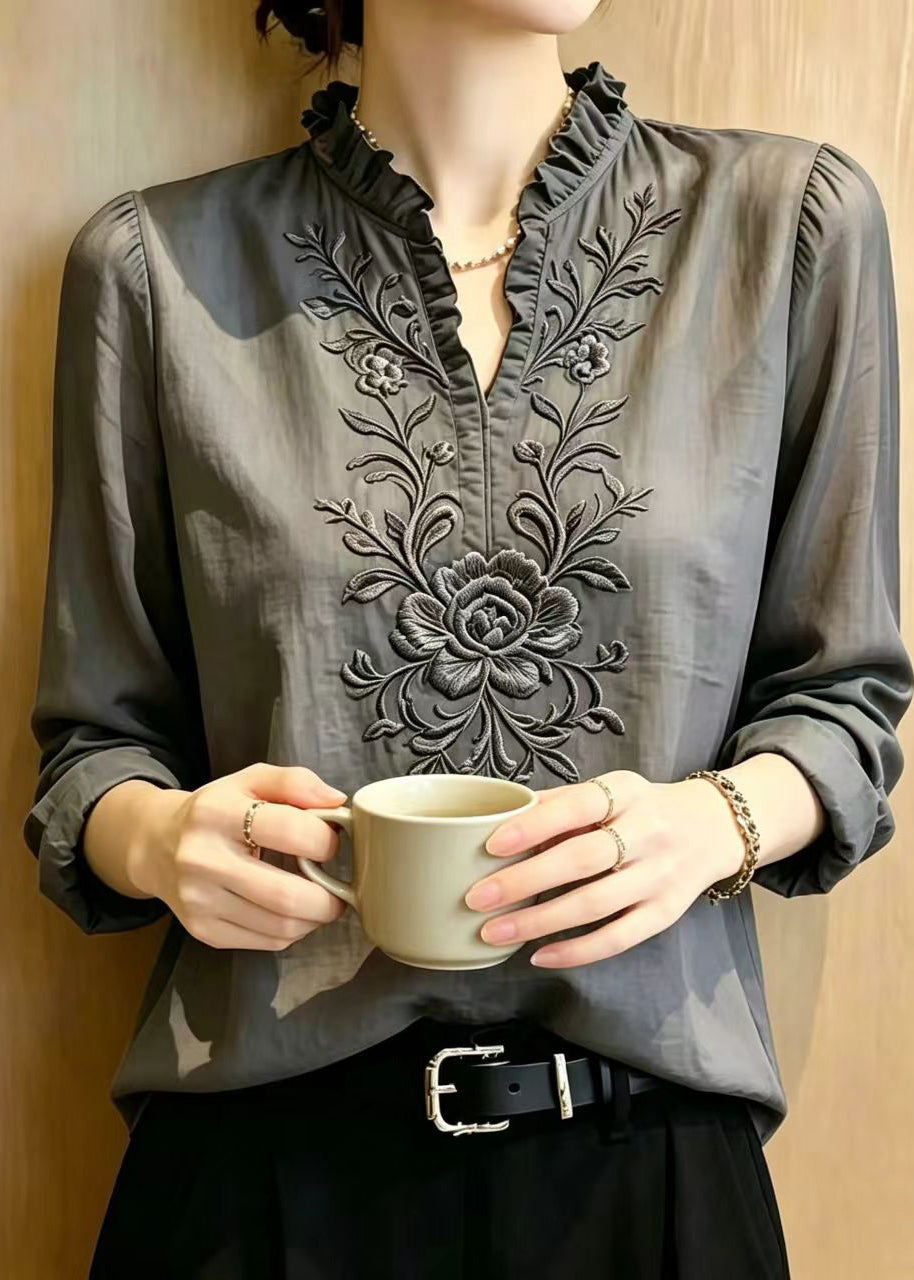 Stylish Grey Ruffled Embroidered Cotton Shirt Top Summer