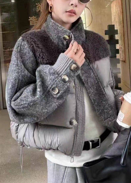Stylish Grey Stand Collar Drawstring Patchwork Duck Down Down Coat Winter