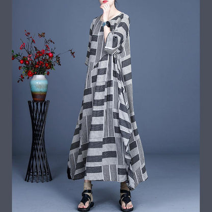 Stylish Grey Striped Patchwork Dress Summer Cotton Linen Dress - SooLinen