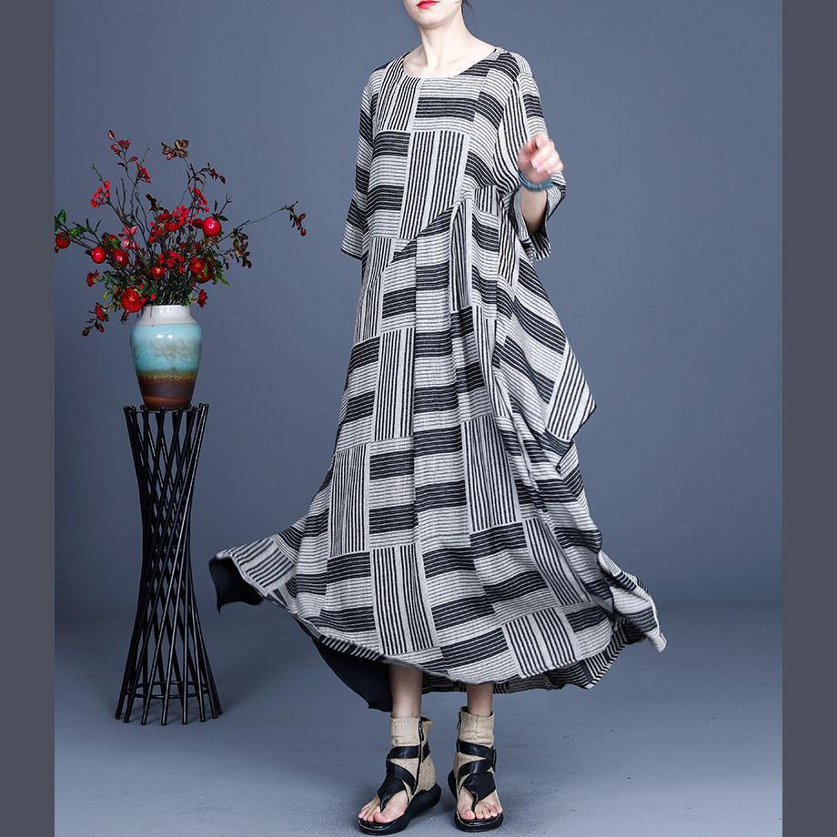 Stylish Grey Striped Patchwork Dress Summer Cotton Linen Dress - SooLinen