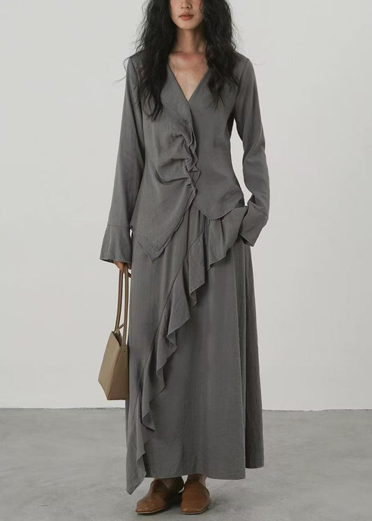Stylish Grey V Neck Asymmetrical Ruffled Two Pieces Set Long Sleeve