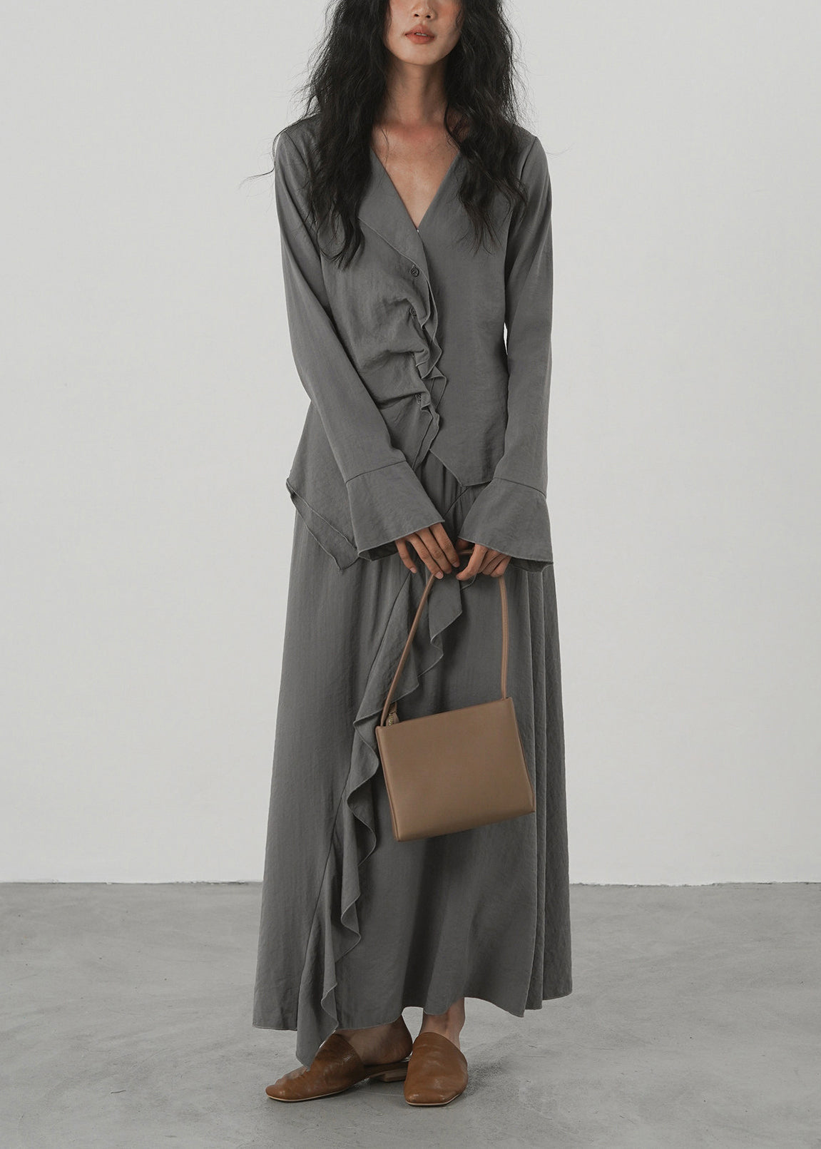 Stylish Grey V Neck Asymmetrical Ruffled Two Pieces Set Long Sleeve
