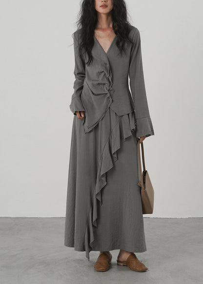 Stylish Grey V Neck Asymmetrical Ruffled Two Pieces Set Long Sleeve