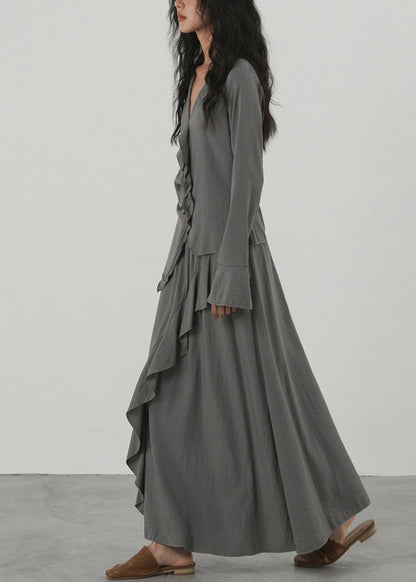 Stylish Grey V Neck Asymmetrical Ruffled Two Pieces Set Long Sleeve