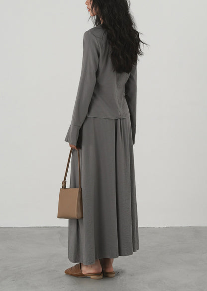 Stylish Grey V Neck Asymmetrical Ruffled Two Pieces Set Long Sleeve