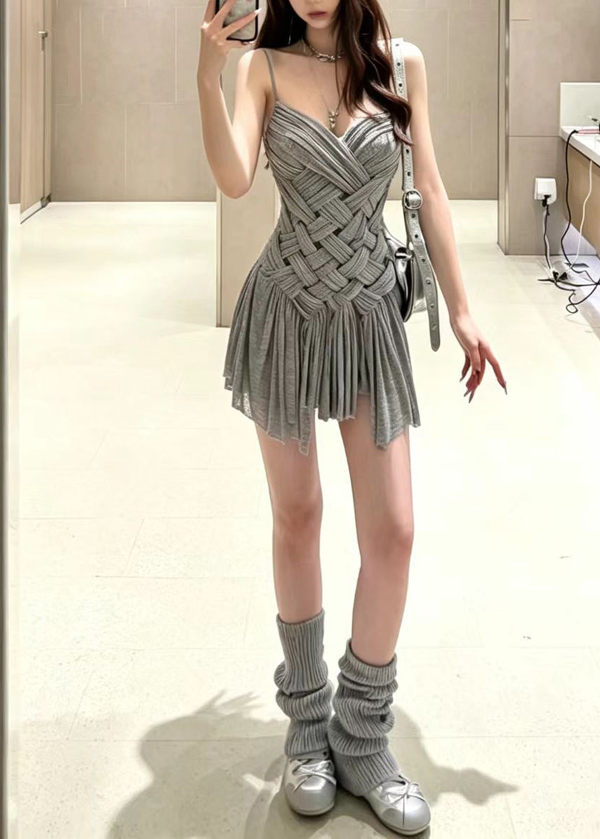 Stylish Grey V Neck Braided Mini Dress Sleeveless