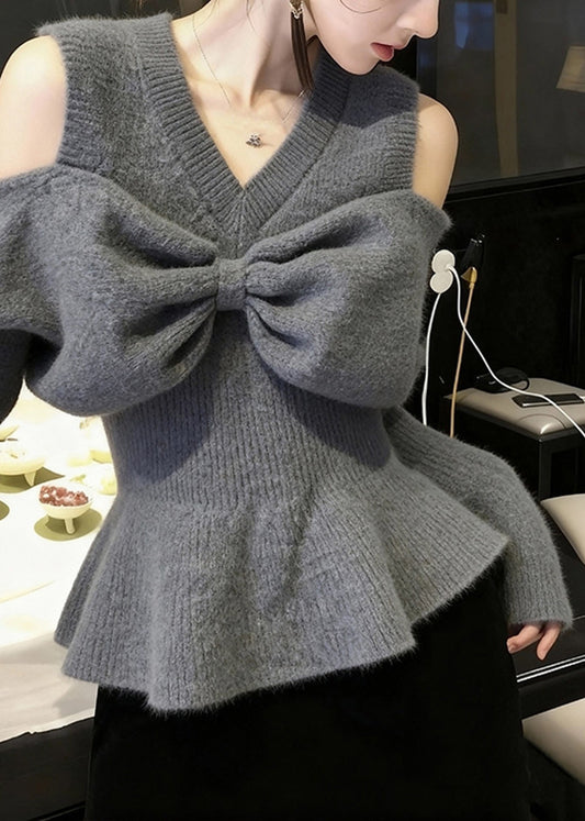 Stylish Grey V Neck Cold Shoulder Bow Knit Sweaters Spring