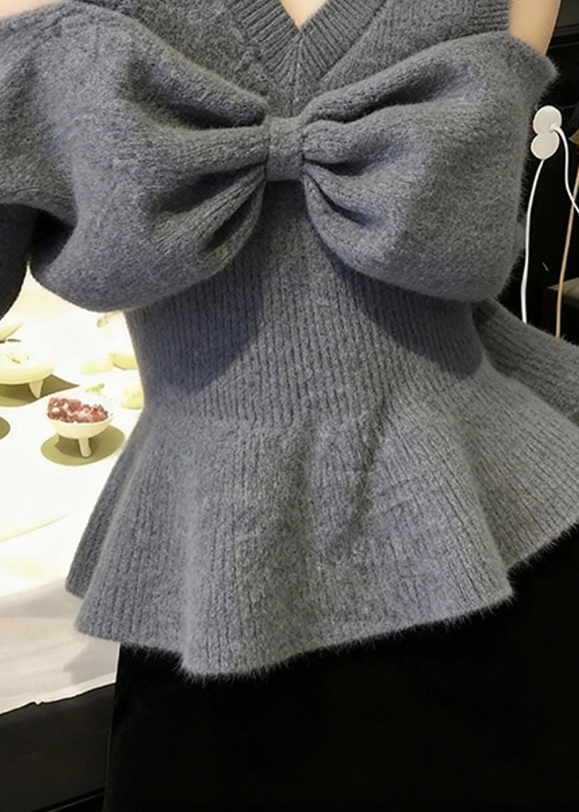 Stylish Grey V Neck Cold Shoulder Bow Knit Sweaters Spring
