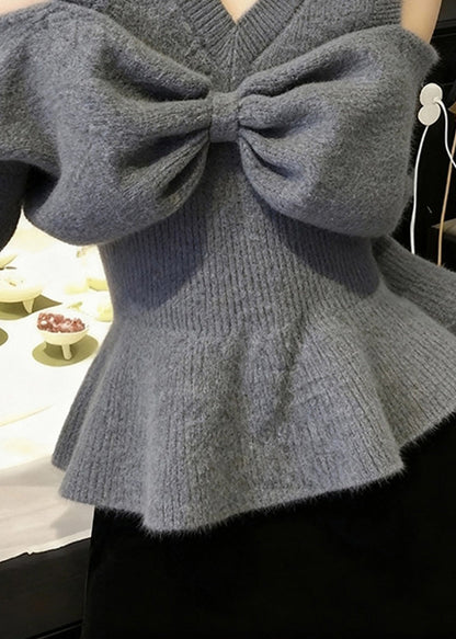 Stylish Grey V Neck Cold Shoulder Bow Knit Sweaters Spring