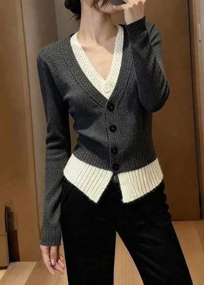 Stylish Grey V Neck Patchwork False Two Pieces Knit Sweater Spring
