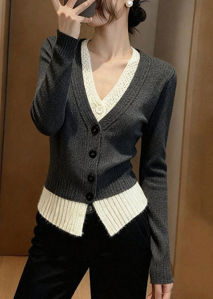 Stylish Grey V Neck Patchwork False Two Pieces Knit Sweater Spring
