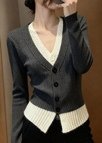 Stylish Grey V Neck Patchwork False Two Pieces Knit Sweater Spring