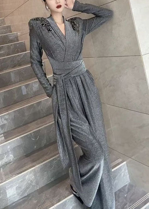 Stylish Grey V Neck Tassel Patchwork Tie Waist Jumpsuits Fall