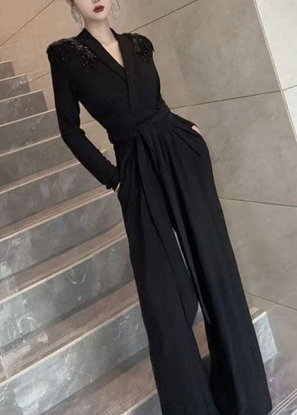 Stylish Grey V Neck Tassel Patchwork Tie Waist Jumpsuits Fall
