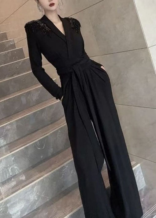 Stylish Grey V Neck Tassel Patchwork Tie Waist Jumpsuits Fall