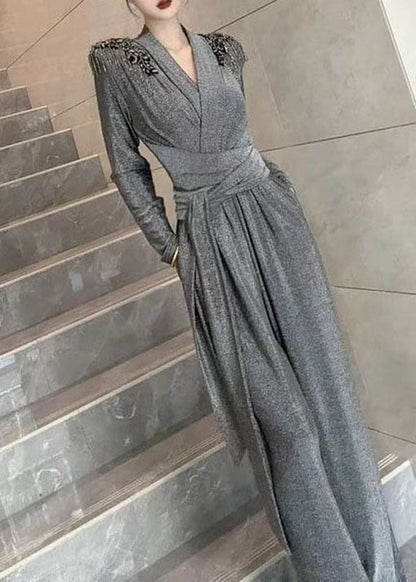 Stylish Grey V Neck Tassel Patchwork Tie Waist Jumpsuits Fall