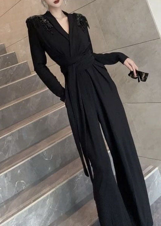 Stylish Grey V Neck Tassel Patchwork Tie Waist Jumpsuits Fall