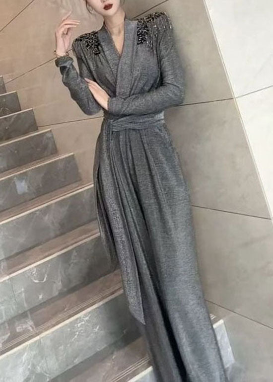 Stylish Grey V Neck Tassel Patchwork Tie Waist Jumpsuits Fall