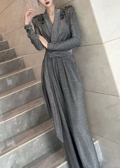 Stylish Grey V Neck Tassel Patchwork Tie Waist Jumpsuits Fall