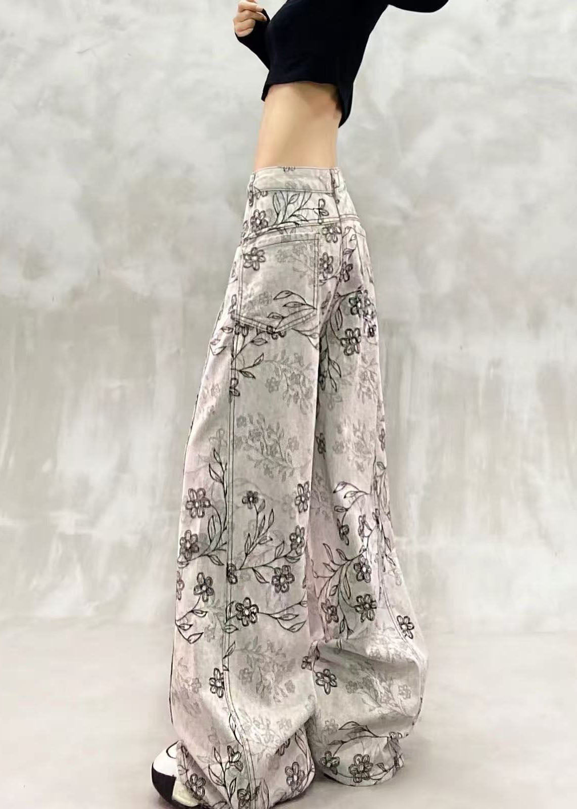 Stylish Grey White High Waist Jacquard Draping Denim Wide Leg Pants Fall