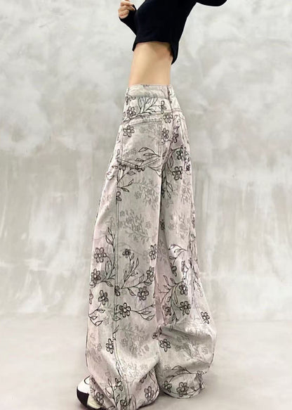 Stylish Grey White High Waist Jacquard Draping Denim Wide Leg Pants Fall