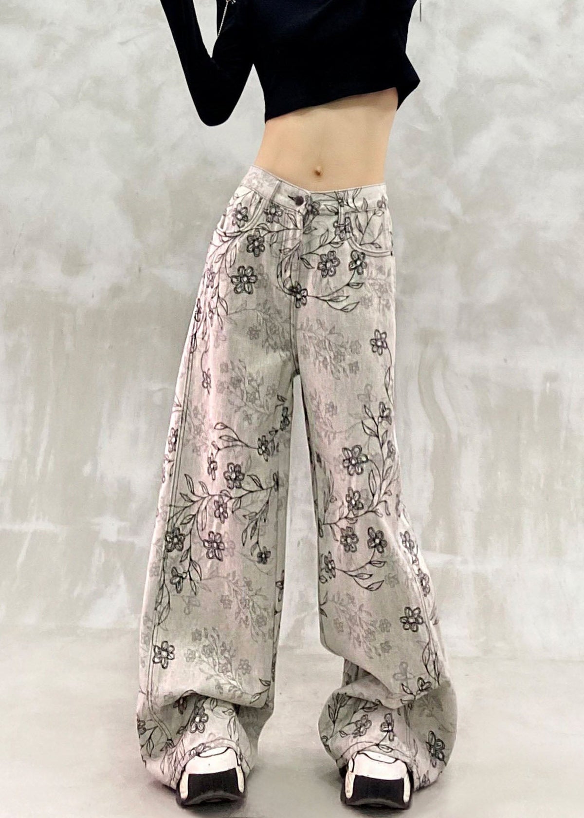 Stylish Grey White High Waist Jacquard Draping Denim Wide Leg Pants Fall