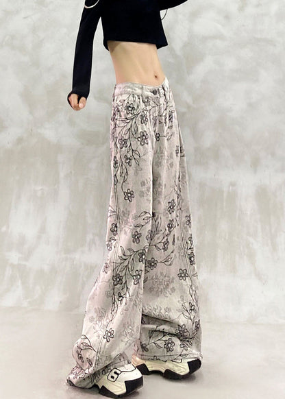 Stylish Grey White High Waist Jacquard Draping Denim Wide Leg Pants Fall