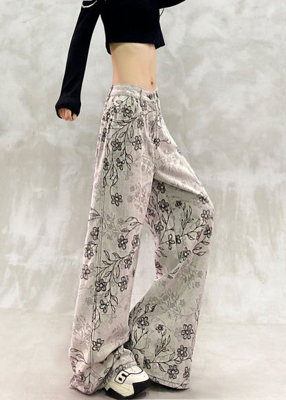 Stylish Grey White High Waist Jacquard Draping Denim Wide Leg Pants Fall