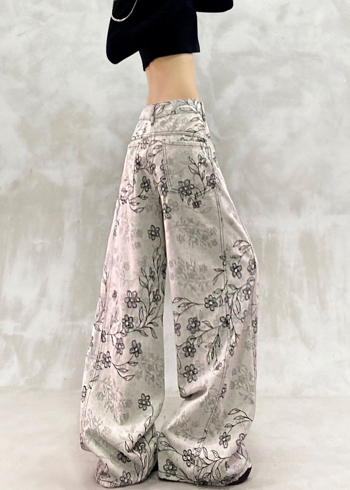 Stylish Grey White High Waist Jacquard Draping Denim Wide Leg Pants Fall