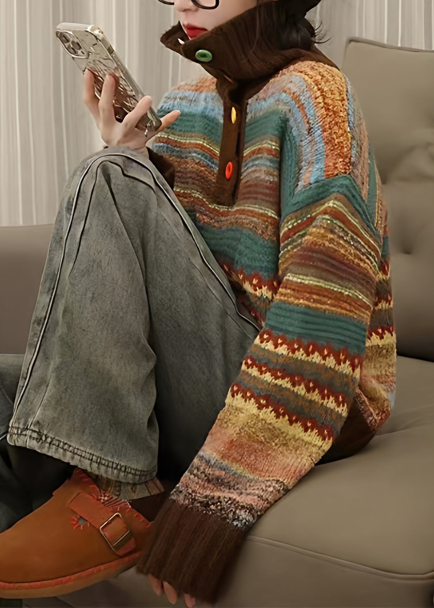 Stylish Hign Neck Striped Knit Short Sweater Winter