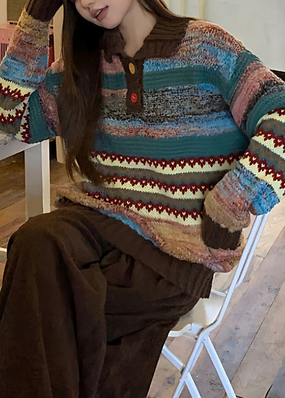 Stylish Hign Neck Striped Knit Short Sweater Winter