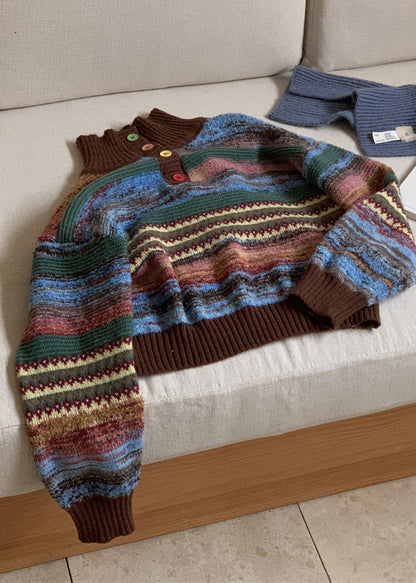 Stylish Hign Neck Striped Knit Short Sweater Winter