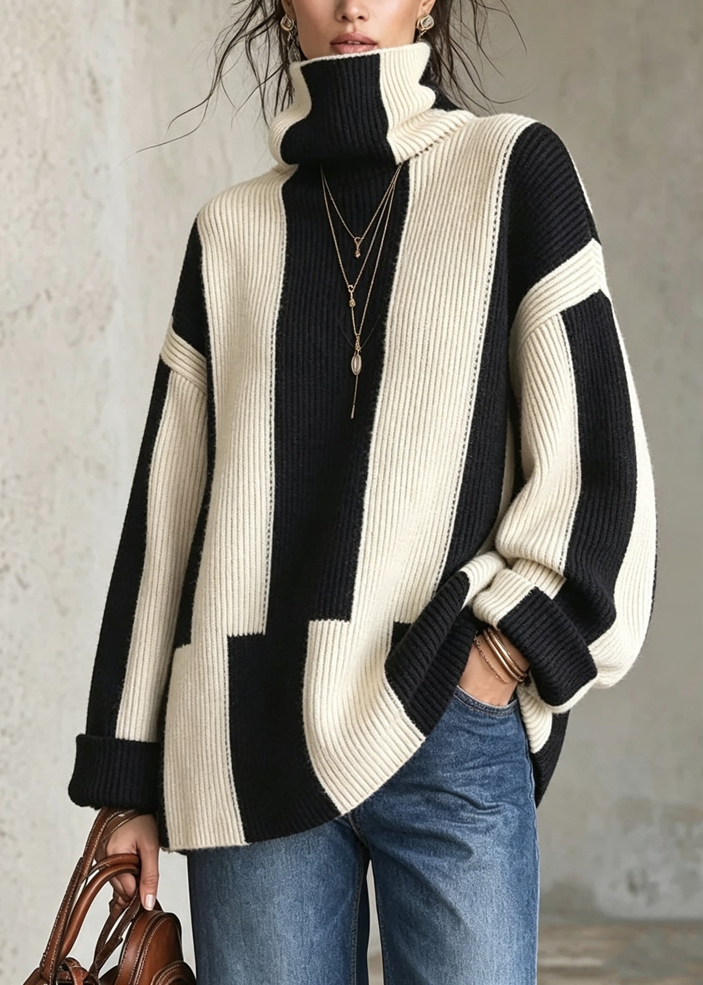 Stylish Hign Neck Thick Striped Patchwork Knit Sweaters Fall